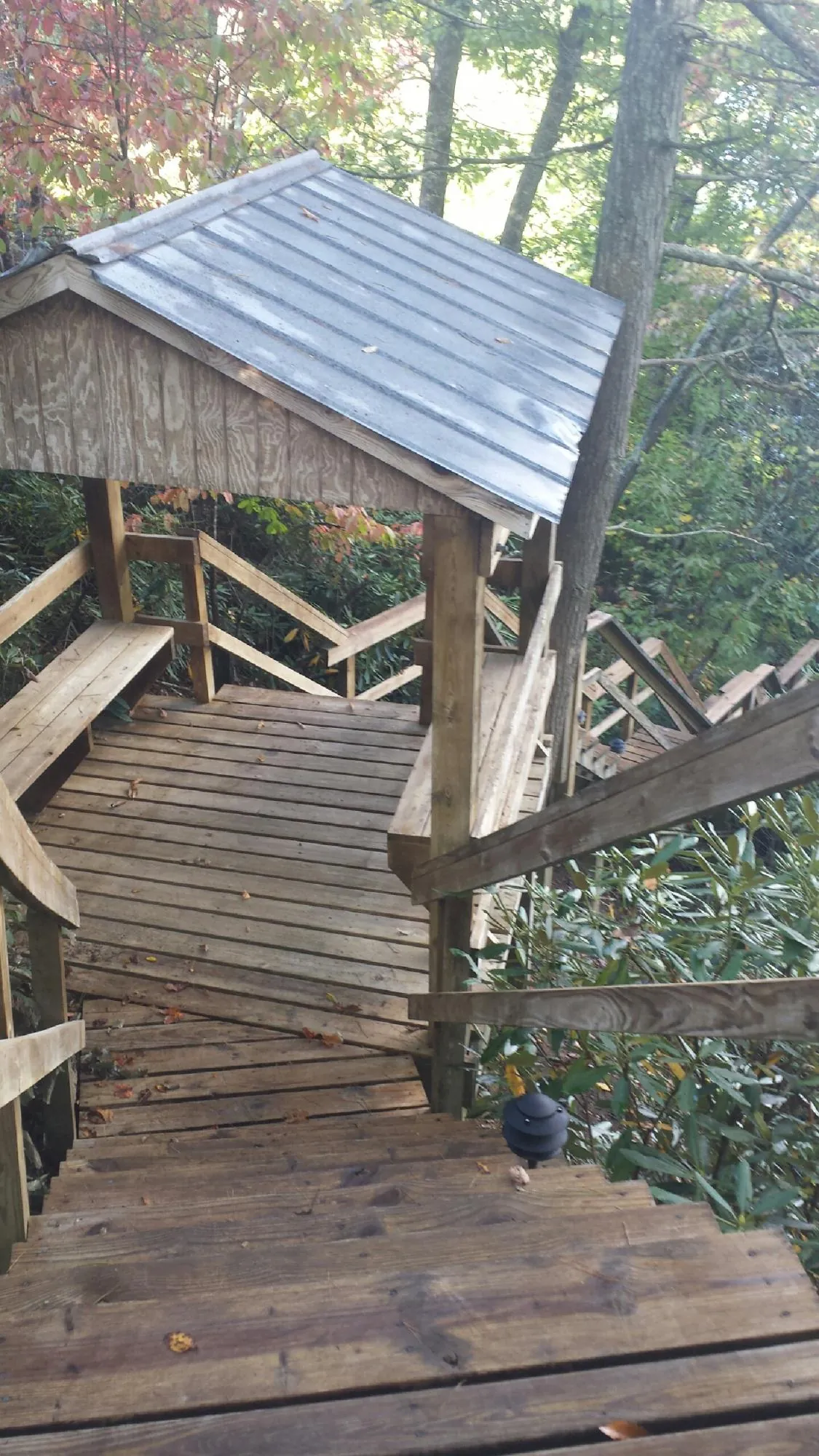 Metal roofed shelter over wooden steps on a wooded walkway — Skylight Repair & Installation work by our crew in Villa Rica
